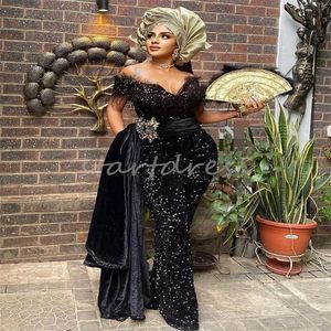 Shine Sparkle African Evening Dress 2024 Elegant Off Shoulders Sequin Jumpsuit Prom Pantsuit With Feather Formal Occasion Birthday Velvet Outfit Robe de Soiree