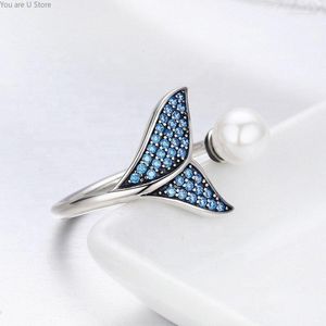 Pierścienie klastra Blue Whale Tail Pierścień 925 Srebrny Srebrny Cubic Zircon Pearl Otwarta biżuteria dla kobiet Akcesoria dziewcząt