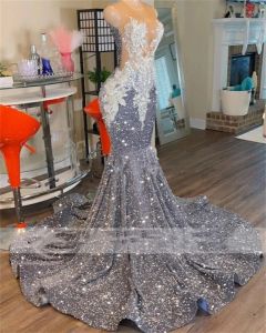 Shinning Grey Sequin Mermaid Prom Dresses 2023 Luxury O Neck Lace Appliques Arabic Women Plus Size Birthday Party Gowns Dresses