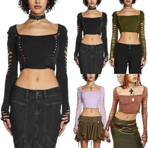Kvinnors T-skjortor Y2K Kvinnor Mode Hollow Out Long Sleeve T-shirts Square Neck Solid Color Cutout Casual Crop Tops Streetwear