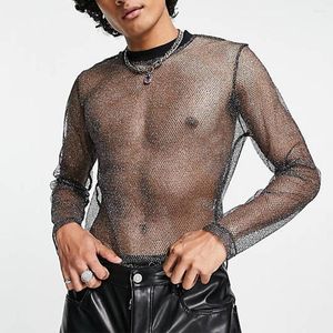 Men's T Shirts Men Shiny Mesh Tops Handsome Man See Through Streetwear Long Sleeve T-shirts Stage Performance Costume Party Clubwear Tee