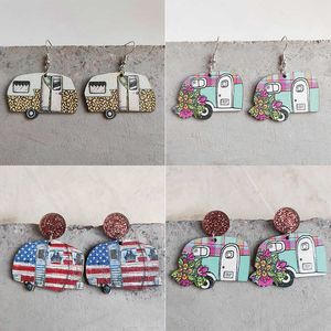 Dangle Chandelier July 4th American Flag Car Wood Earrings Independence Day Leopard Print Small Flower RV Camping Cookout Earrings Wholesale Z0411