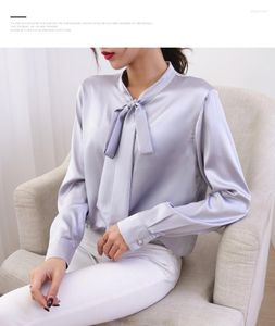 Blouses feminina Bowknot Mulberry Silk Shirt Women Spring e verão Hangzhou White Slim White Heavy