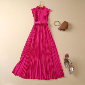 2023 Sommer-Pink-Chiffon-Kleid mit Gürtel, ärmellos, einfarbig, Stehkragen, plissiert, lang, Maxi, Freizeitkleider, A3A101500, plus Größe XXL