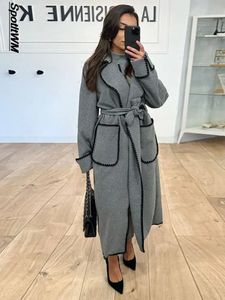 Mistura de lã feminina inverno acolchoado mistura longo trench coat elegante cinza com cinto ponto aberto casaco moda rua jaquetas 231110