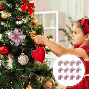 Decorative Flowers 12pcs Artificial Glitter Poinsettia Christmas Tree Ornaments Xmas Bushes Decorations For Home