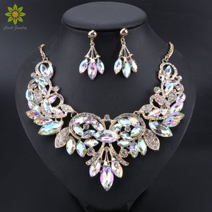 Ohrringe Halskette Luxus Indische Brautschmuck Sets Hochzeit Kostümschmuck Damenmode Geschenke Blätter Kristall Halskette Ohrringe Sets 230410