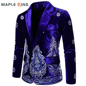 Мужские костюмы Пиджаки Синий бархатный пиджак с цветочным принтом Роскошный серебряный нить с вышивкой на одной пуговице Свадьба для мужчин Social Veste Mariage Homme 231110