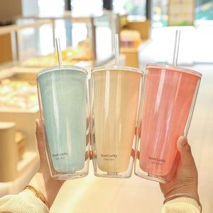 Water Bottles Simple Large Capacity Solid Color Double-layer Plastic Cup Home Office Straw Summer Drink Coffee