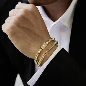 Charm Bracelets 2 Pcs set Crown Long Tube Men Pave CZ Braided Macrame Gold Color Bead For Jewelry Gift 230411