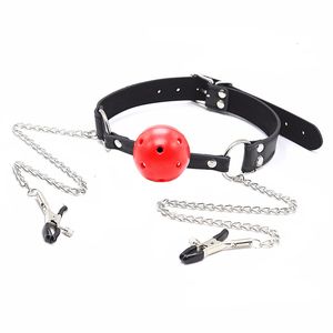 Toys adultos Sexy PU couro de couro bola oral com mamilo de cadeia Clip Fetish Bondage Glamps Erotic Toy 230411