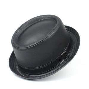 Wide Brim Hats Bucket 100 Leather Men Balck Pork Pie Hat For Dad Fedora Fasgion Gentleman Flat Bowler Porkpie Top Size S M L XL 231110