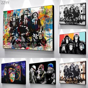 Cartoon Affe Gruppe Graffiti Kunst Leinwand Malerei Poster und Druck Street Pop Art Wandkunst Bild für Wohnzimmer Wohnkultur