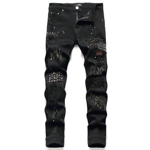 Mens Stretchy Ripped Rivet Jeans New Small Straight Black Hole Denim Pants Punk Style Fashion Caual Streetwear206C