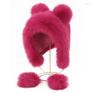 Berets 1PC Thickened Imitation Mink Hair Pom-pom Strap Women's Hat Warm Bear Ears Ear Protection Fluffy Cute Outdoor Sweet