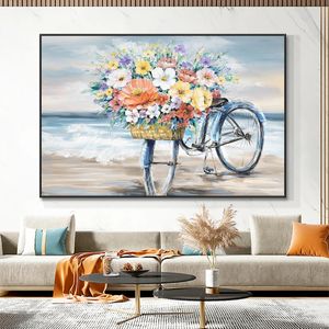 Målningar 100% Handmålad cykel Flower Oil Målning Modern Vacker landskap Canvas Målning Väggkonst för vardagsrumshusdekoration 231110