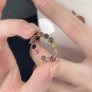 Полоса кольца натуральный камень радужный турмалиновый кольцо мода мода ретро -ретро -металлические изделия из бисера с бисером с открытым кольцом