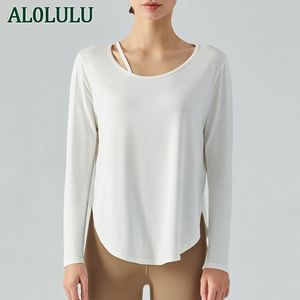 AL0LULU With Logo Yoga Tops Women Sports Running Exercise Training T-shirts Slim Fitted Long Sleeve Fitness Clothes Girl White Pink Black Workout Tops Sportswear