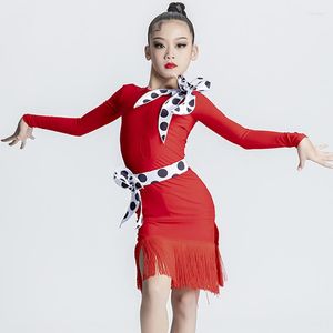 Stage Use Red Latin Dance Dress Girls Mangas compridas Tansel Cha Ballroom Competition Roupas Kids Fringe BL10168