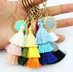 Keychains Zwpon Boho Style Unika 3 lager Tassel Key Chain Emamel Disc Initial Blank Endast små grossisttillverkare