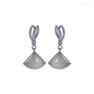 Studörhängen S925 Sterling Silver Hetian Grey Jade Retro Elegant Leaf Geometric Earring Pendant For Ladies