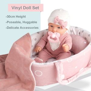 Bonecas 12''/30cm Baby Doll Playset em caixa de presente com acessórios chupeta rosa vinil reborn boneca brinquedo presente de Natal para menina menino criança 231110