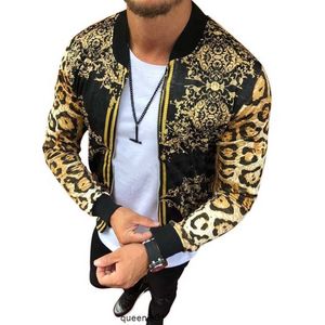 Autumn Long Sleeve Zipper Coat Jacket Slim Fit Leopard Print Round Neck Casual Men Outwear