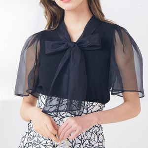 Women's Blouses Fairy Knitted Patchwork Shirt Tops Bandage Bow Shirts Feminino Voile Split Blusas Mujer Spring Summer Clothes Women