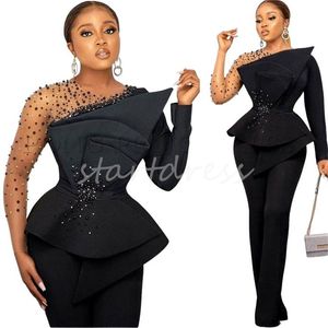 Aso Ebi African Evening Dress 2024 Elegant Long Sleeve Jumpsuit Prom Pantsuit With Beaded Plus Size Formal Robe de Soiree Custom Black Girls Party Vestios De Gala