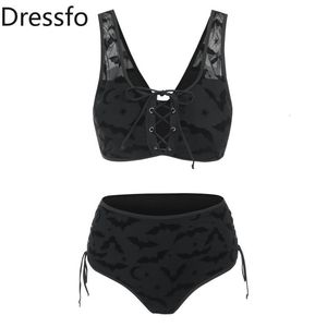 Women's Swimwear Dressfo Gothic Bikini Set Swimsuit Bat Crescent Star Print Bathing Suit Tankini Cinched Mesh Lace Up Cut Out 2023 Women 230411