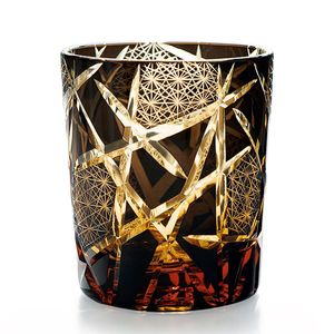 Japanese Royal Special Retro Edo Kiriko Wine Tumbler Hand Cut Flashing Lightning Design Amber Whiskey Glass High End Gift Box
