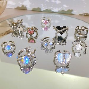 Band Rings LOVE Heart Open Ring for Women Kpop Geometric Crystal Ring Moonstone Gothic Finger Ring Y2K cessories Trendy Aesthetic Jewelry P230411