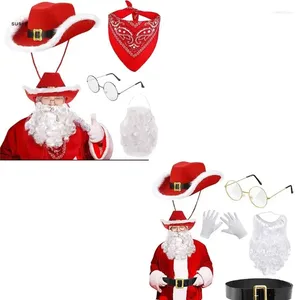 BERETS X7YA 4/5st Santa kostym för vuxna skägg västra cowboy hattglasögon röda deluxe klausuler kostym julfest cosplay