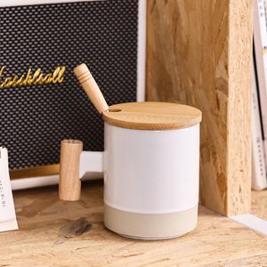 Mugs 360ml Wooden Handle Mug Ceramic Coffee Cup With Lid Spoon Cups And Thermo To Carry Couple Gift Bar