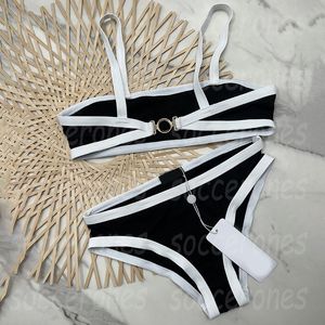 Letters Womens Bikinis Swimwear Contrast Color Summer Split Swimsuit Beach Holiday Bra Briefs Bathing Suit