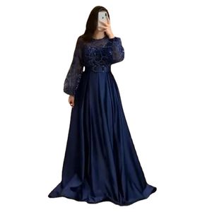 Modest Navy Blue A-Line Evening Dresses Puff Long Sleeves Shiny Lace Satin Slit Prom Gown Saudi Arabic Women Formal Dress