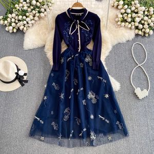 Basic Casual Dresses New 2024 Small Fragrant Autumn Winter Gray Knitted Patchwork Mesh Dress Elegant Women Bow Collar Embroidery Flower Sequin Midi Vestidos