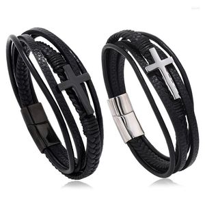 Bracelets de charme Design clássico Cross Men Men Genuine Leather Stainless Aço Magnet Charms Hand Bracelet Homme Presentes de Natal masculinos