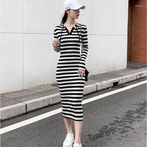 Casual Dresses TVVOVVIN Long Sleeve Striped Hooded Sweatshirt Female Slim Skinny Hip Wrap Maxi Dress Korean Winter S037