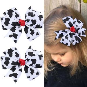 Acessórios de cabelo 2 pcs vaca impressão clipes para meninas glitter fita bowknot hairpins artesanais arcos barrettes boutique headwear crianças presente