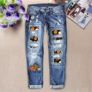 Kvinnors jeans vaqueros kvinnors k tryck rippade stretch söt smal fit nödställda förstörda bulfikande kurviga denim byxor mager 14