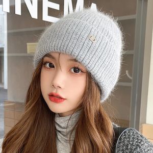 Beanieskull Caps Winter Warm Angora Beanie hat for women girlsウサギの毛皮のふわふわニットイヤーフラップソフトスキースノーアウトドアスカリー231110