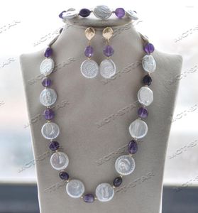 Collane con pendente Z12546 Set 20mm Moneta bianca Perla Viola Barocco Collana Bracciale con ametista