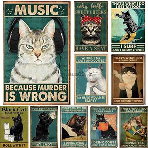 クリスマス装飾猫猫絵画メタルサイン猫と音楽タトゥードリンクナプキンを読む洗浄ポーベイクヨガヴィンテージティンプレートの壁ポスターホームデコール23111111111111111111111111111111111111