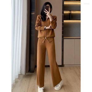 Women's Two Piece Pants Winter Thickend Warm Woolen Sets Womens Outfits Casual Loose Zipper Sweater Wide Leg Women's Tracksuit