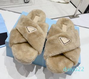 Fuzzy House Plush Slipper Luxury Womens Flat Mules Warm Criss-Cross Sandal Wool Sliders Shoes