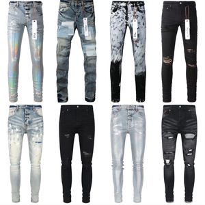 Männer und Frauen lila Designerjeans Jeans Denimhose perforierte Hosen Hip-Hop Trend perforiert Reißverschluss Denim Tränenhosen Buchstaben Schlanker anpassender elastischer kleiner Beinjeans AZ