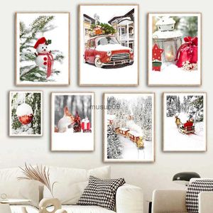Obrazy sceneria Zdjęcie Płótna malarstwo ścienne Winter Santa Święta Bożego Narodzenia Pine Red Car Poster z Gold Train Plakat i nadruk do dekoracji domu 231111