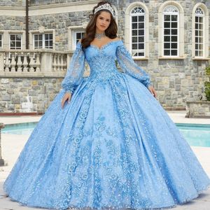 2024 Sky Blue V-hals quinceanera klänningsapplikationer handgjorda blommapärlor bollklänningar vestidos de 15 anos