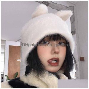 Beanie/Skull Caps Solid Knit Cap Women Cute Lolita Kawaii Fashion Streetwear Korean Japanese Stitch Ear Knitted Hat Winter A Dhgarden Dhdlp